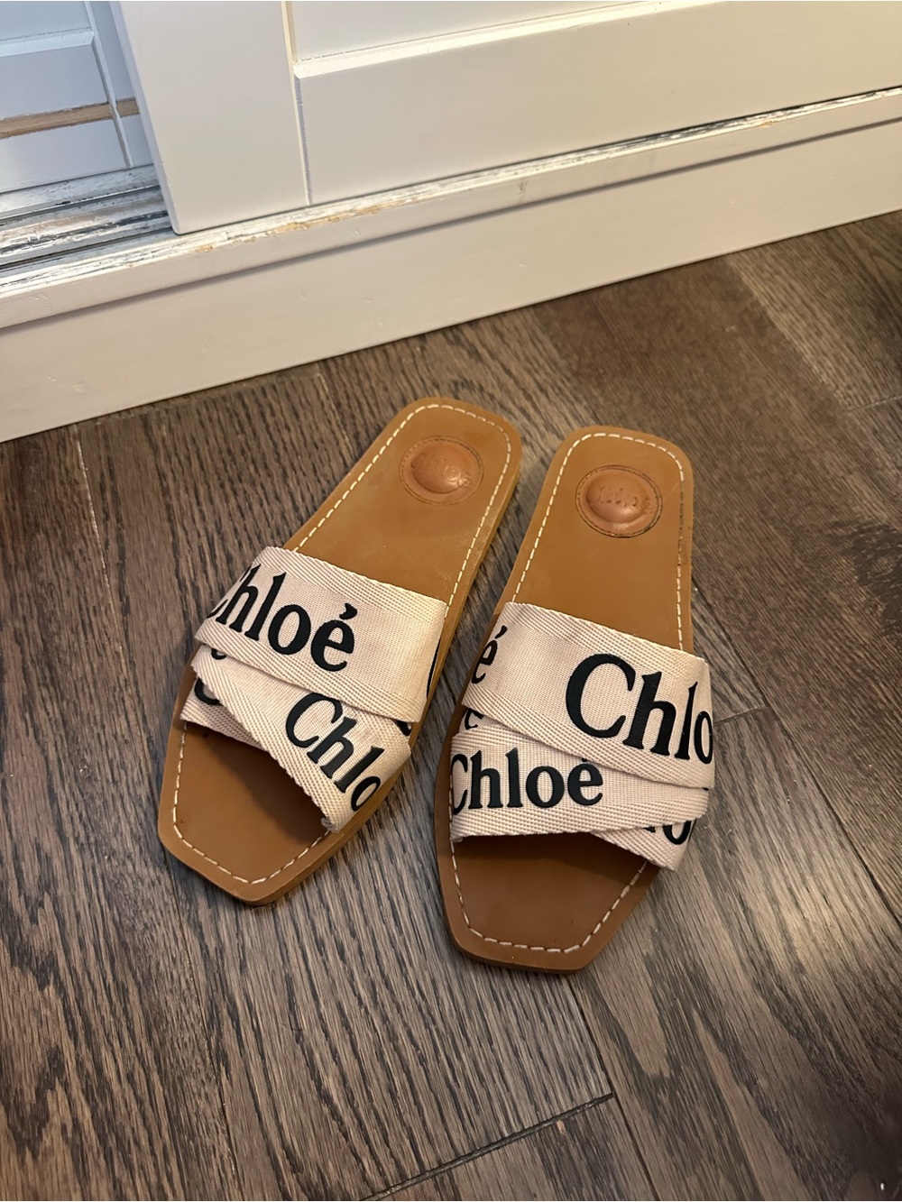Chloe Tan Leather & Beige Logo Slide Sandals - Picture 2 of 3